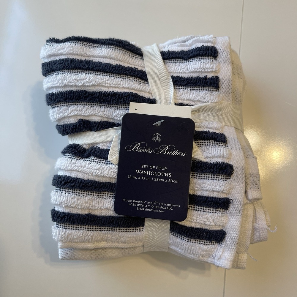 BROOKS BROTHERS WASHCLOTHS (4) NAVY STRIPED 100% COTTON 13 x 13 NWT
